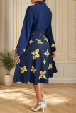 Elegant Flowers Print Buckle Turndown Collar A Line Dresses