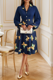 Elegant Flowers Print Buckle Turndown Collar A Line Dresses