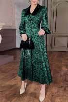 Celebrities Elegant Leopard Print Patchwork Contrast Turndown Collar Waist Skirt Dresses