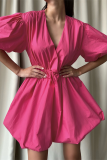 Casual Solid Color Ruched V Neck Princess Short Sleeve Dress