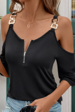 Casual Daily Solid Color Metal Accessories Trim Zipper V Neck T-Shirts