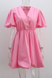 Casual Solid Color Ruched V Neck Princess Short Sleeve Dress