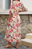 Elegant Floral Print Buckle V Neck Printed Dresses