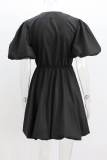 Casual Solid Color Ruched V Neck Princess Short Sleeve Dress