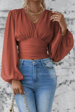 Daily Elegant Solid Color Ruched V Neck Tops