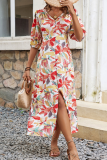 Elegant Floral Print Buckle V Neck Printed Dresses