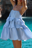 Sexy Solid Color Lace Up U Neck Cake Skirt Dresses