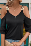 Casual Daily Solid Color Metal Accessories Trim Zipper V Neck T-Shirts