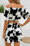 Sexy Daily Animal Print Draw String Contrast Off Shoulder Short Sleeve Two Pieces