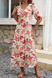 Elegant Floral Print Buckle V Neck Printed Dresses
