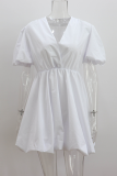 Casual Solid Color Ruched V Neck Princess Short Sleeve Dress