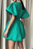 Casual Solid Color Ruched V Neck Princess Short Sleeve Dress