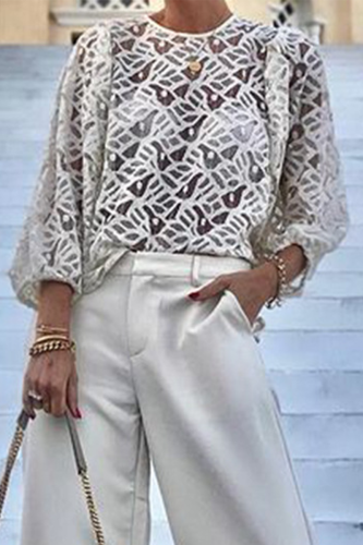 Casual Solid Color Lace Up See-Through O Neck Tops
