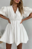 Casual Solid Color Ruched V Neck Princess Short Sleeve Dress