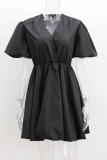 Casual Solid Color Ruched V Neck Princess Short Sleeve Dress