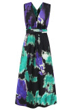 Sexy Tie Dye Print Cross Straps Contrast V Neck Sleeveless Dresses（A variety of binding methods）