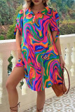 Casual Vacation Geometric Print Lace Up Turndown Collar A Line Short Sleeve Dress