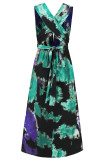 Sexy Tie Dye Print Cross Straps Contrast V Neck Sleeveless Dresses（A variety of binding methods）