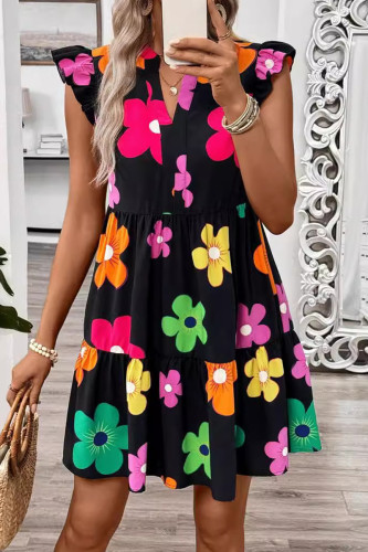 Casual Flowers Print Ruffle V Neck A Line Dresses