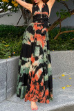Sexy Tie Dye Print Cross Straps Contrast V Neck Sleeveless Dresses（A variety of binding methods）