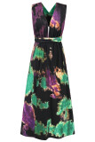 Sexy Tie Dye Print Cross Straps Contrast V Neck Sleeveless Dresses（A variety of binding methods）