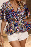 Elegant National Totem Print Ruffle V Neck Tops
