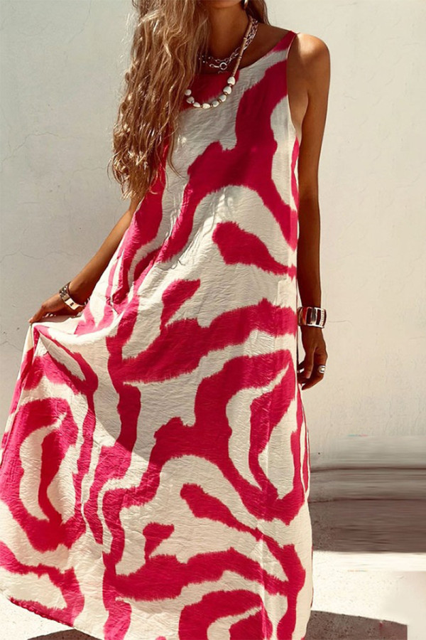 Casual Vacation Geometric Print Backless Contrast O Neck Sleeveless Dresses