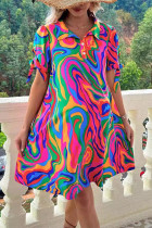 Casual Vacation Geometric Print Lace Up Turndown Collar A Line Short Sleeve Dress