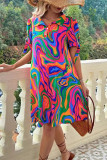 Casual Vacation Geometric Print Lace Up Turndown Collar A Line Short Sleeve Dress