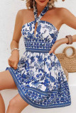 Sexy Vacation Floral Print Lace Up Halter A Line Dresses