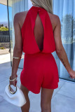 Casual Solid Color Backless Zipper Half A Turtleneck Rompers