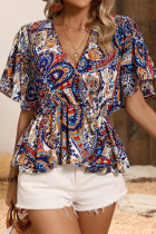 Elegant National Totem Print Ruffle V Neck Tops