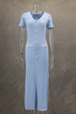 Celebrities Elegant Solid Color Buttons Patchwork V Neck A Line Short Sleeve Dress