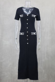Celebrities Elegant Solid Color Buttons Patchwork V Neck A Line Short Sleeve Dress