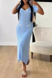 Celebrities Elegant Solid Color Buttons Patchwork V Neck A Line Short Sleeve Dress