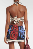 Sexy Vacation Plants Print Lace Up Backless Halter One Step Skirt Dresses
