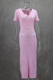 Celebrities Elegant Solid Color Buttons Patchwork V Neck A Line Short Sleeve Dress