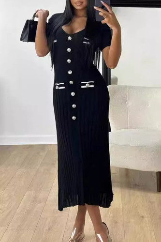 Celebrities Elegant Solid Color Buttons Patchwork V Neck A Line Short Sleeve Dress
