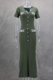 Celebrities Elegant Solid Color Buttons Patchwork V Neck A Line Short Sleeve Dress