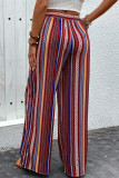 Street Daily Striped Print Pocket Lace Up Loose High Waist Wide Leg Full Print Bottoms