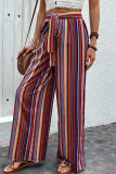 Street Daily Striped Print Pocket Lace Up Loose High Waist Wide Leg Full Print Bottoms