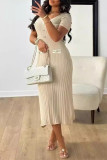 Celebrities Elegant Solid Color Buttons Patchwork V Neck A Line Short Sleeve Dress