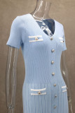 Celebrities Elegant Solid Color Buttons Patchwork V Neck A Line Short Sleeve Dress