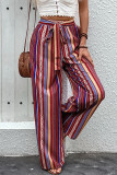 Street Daily Striped Print Pocket Lace Up Loose High Waist Wide Leg Full Print Bottoms