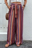 Street Daily Striped Print Pocket Lace Up Loose High Waist Wide Leg Full Print Bottoms