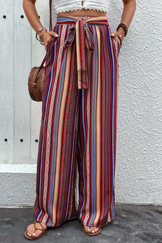 Street Daily Striped Print Pocket Lace Up Loose High Waist Wide Leg Full Print Bottoms