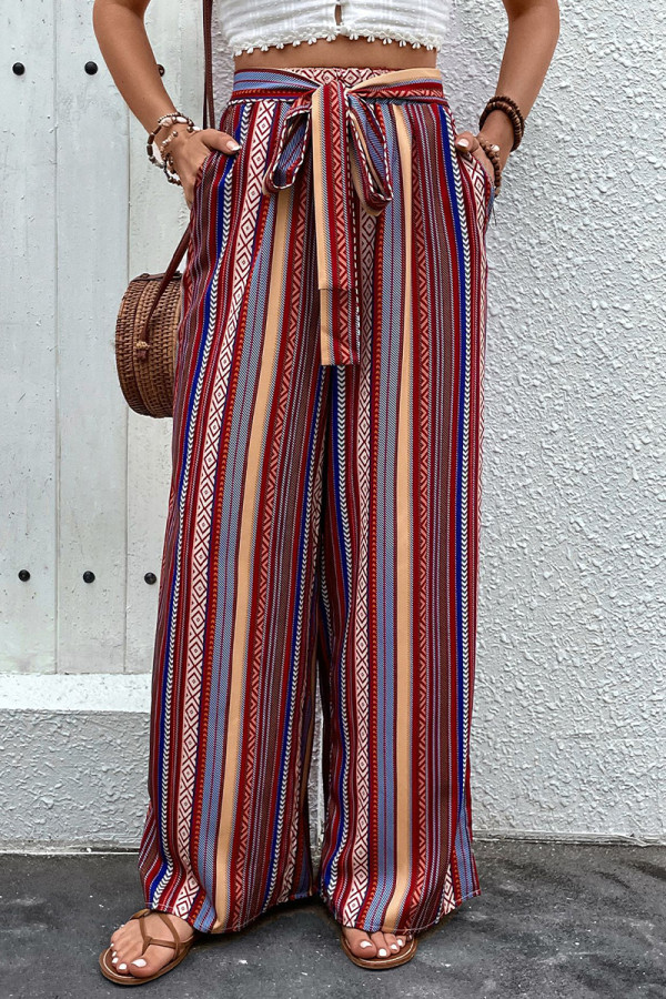 Street Daily Striped Print Pocket Lace Up Loose High Waist Wide Leg Full Print Bottoms