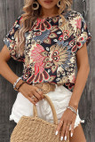 Casual Vacation Leaf Print U Neck Tops