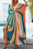 Casual Vacation Striped Print Slit Contrast Swimwears Cover Up