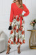 Elegant Floral Print Patchwork Belted Contrast V Neck Pleated Dresses